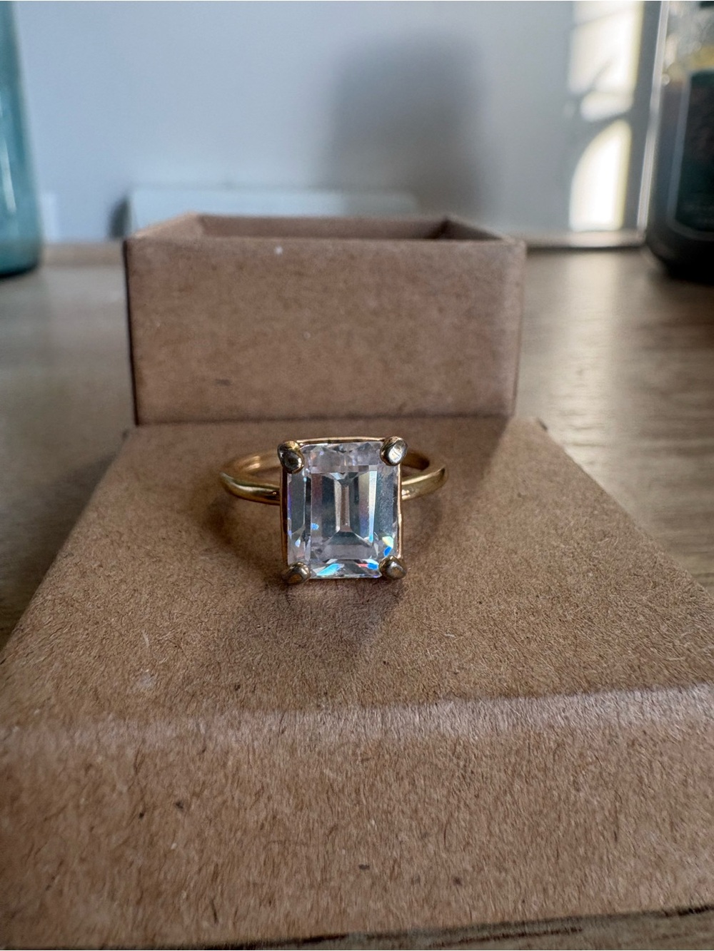 Gold-Tone Ring with Clear Emerald-Cut Stone